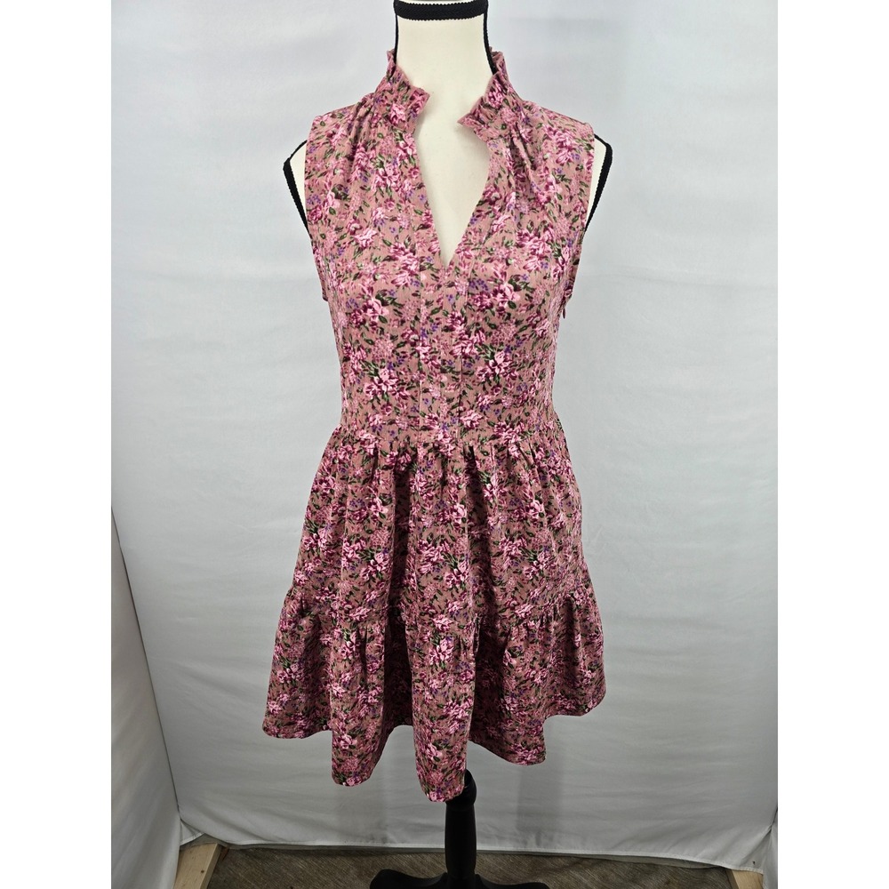 Fate Woodrose Multi Floral Corduroy Sleeveless Tiered Mini Dress Pink Small NEW‎